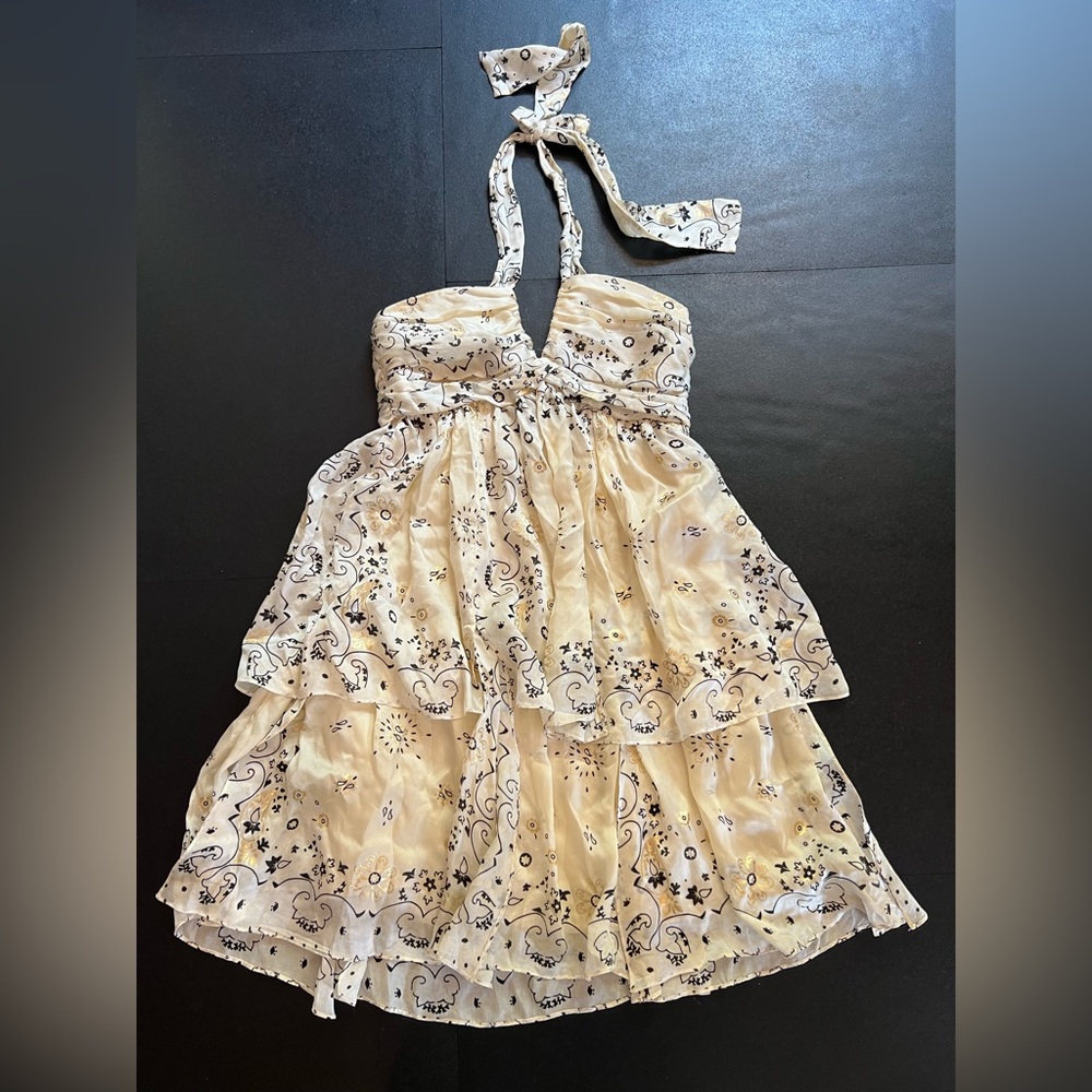 LaRok 100% Silk Cream Dress with Black Floral Details in Size Small